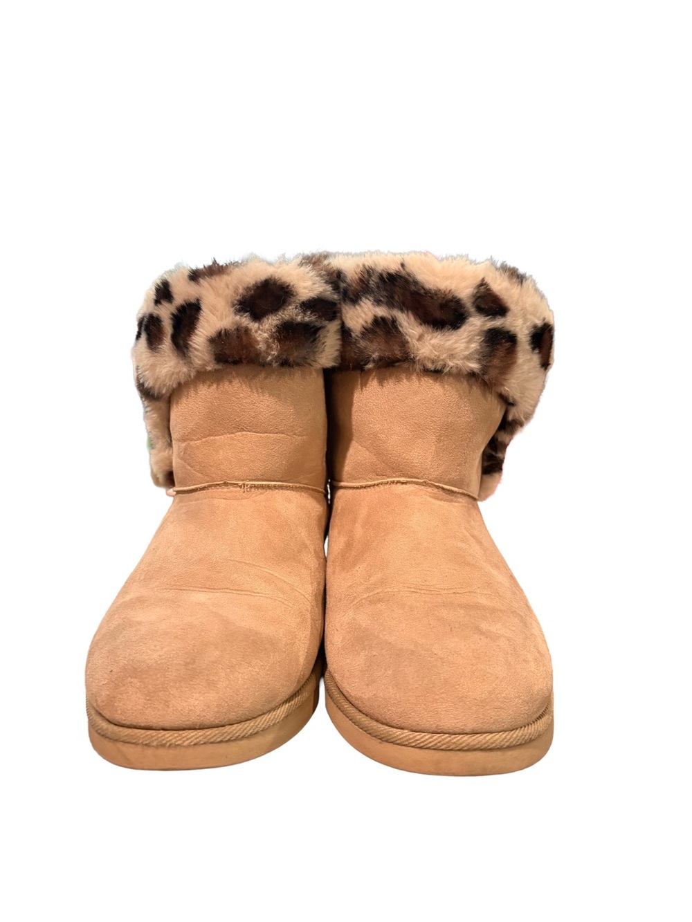 Juicy Couture Tan Faux Suede Ankle Booties with Leopard Faux Fur Cuff